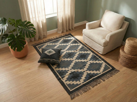 Handwoven Jute Rug and Wool Cushion Set