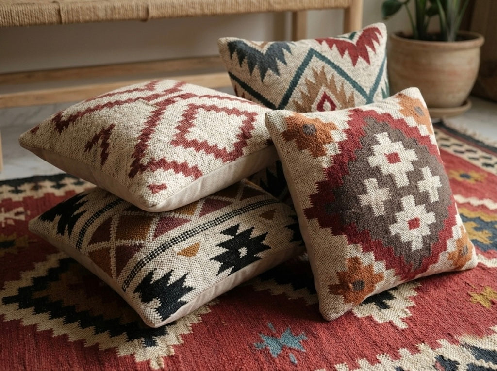 Handwoven Jute Wool Cushion Cover, Boho Throw Pillow 18x18
