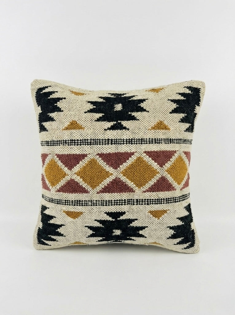 Handwoven Jute Wool Cushion Cover, Boho Throw Pillow 18x18