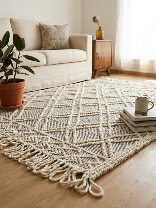 Handcrafted Boho Wool & Cotton Area Rug - Eco-Friendly Decor, (The Loop edition) (c-8)
