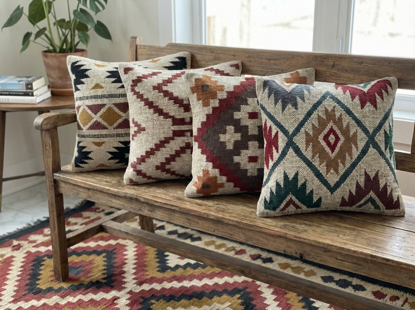 Handwoven Jute Wool Cushion Cover, Boho Throw Pillow 18x18