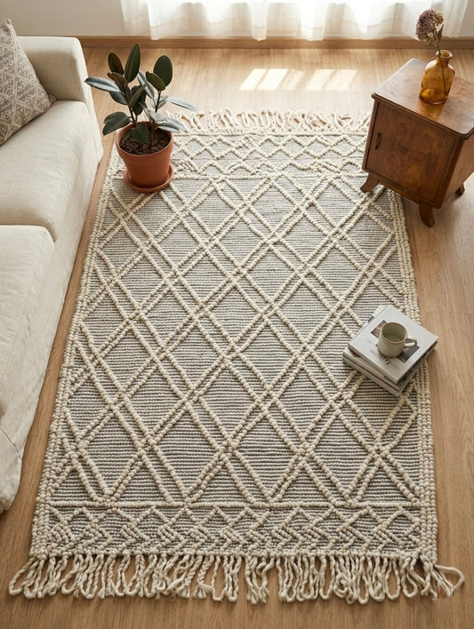 Handcrafted Boho Wool & Cotton Area Rug - Eco-Friendly Decor, (The Loop edition) (c-8)