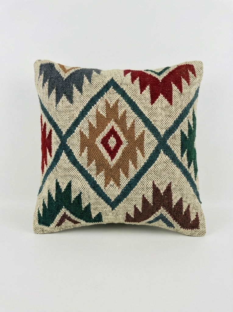 Handwoven Jute Wool Cushion Cover, Boho Throw Pillow 18x18