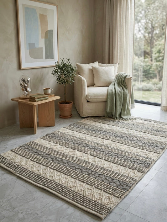 Handcrafted Boho Wool & Cotton Area Rug - Eco-Friendly Decor, (The Loop edition)