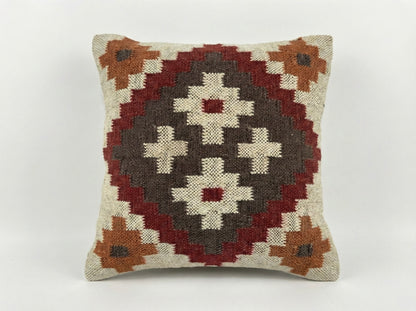 Handwoven Jute Wool Cushion Cover, Boho Throw Pillow 18x18