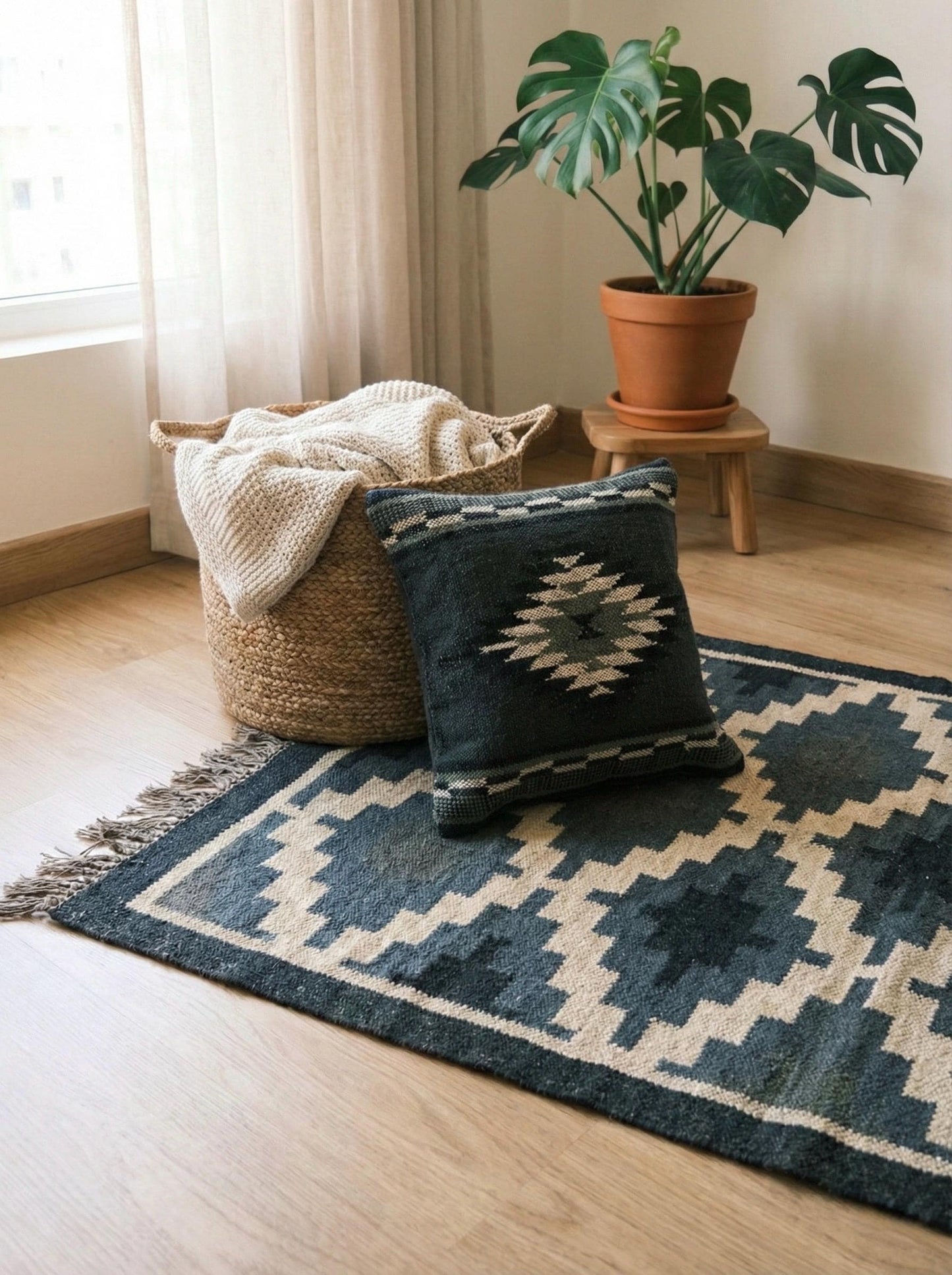 Handwoven Jute Rug and Wool Cushion Set